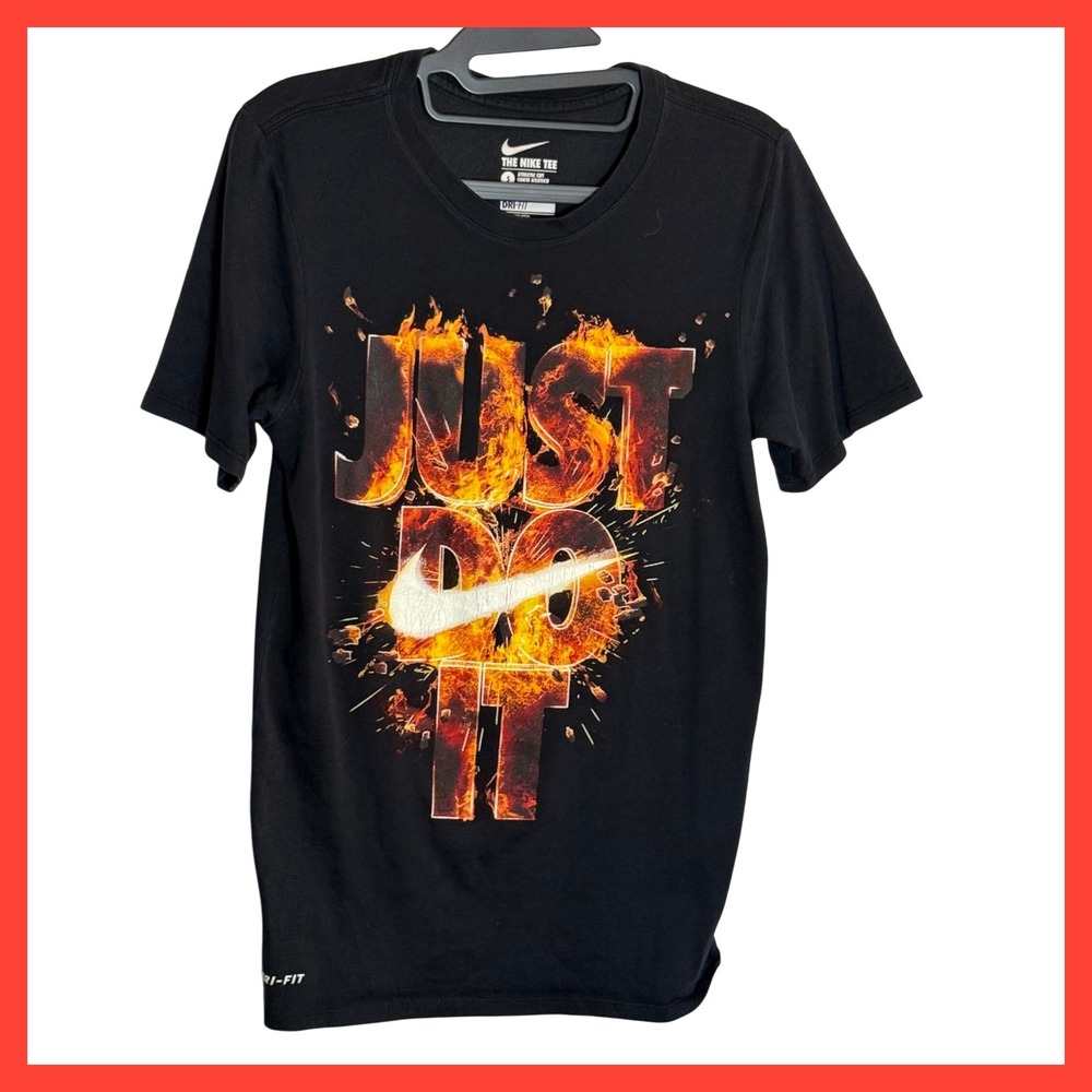 Nike Mens Dri-FIT Just Do It Fire Graphic T-Shirt Black Athletic Cut Small